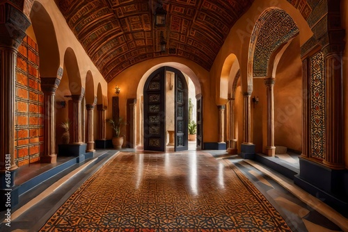 Imagine stepping into a Mediterranean-inspired hallway with an arched door. Describe the warm colors and intricate tile work that adorn the walls and floors۔