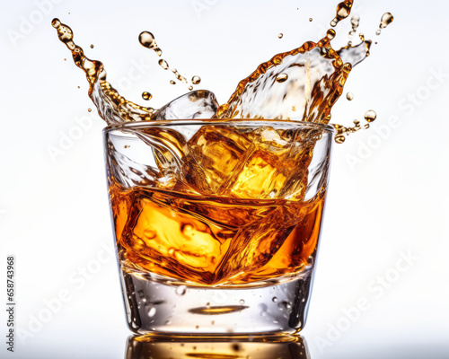 Splash of whiskey with ice in a glass isolated on white. Generative AI