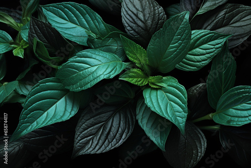 Green Leaves Pattern on dark Background. Natural wallpaper. Copy Space.