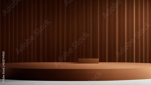 brown podium for product presentation  wood background  3d render