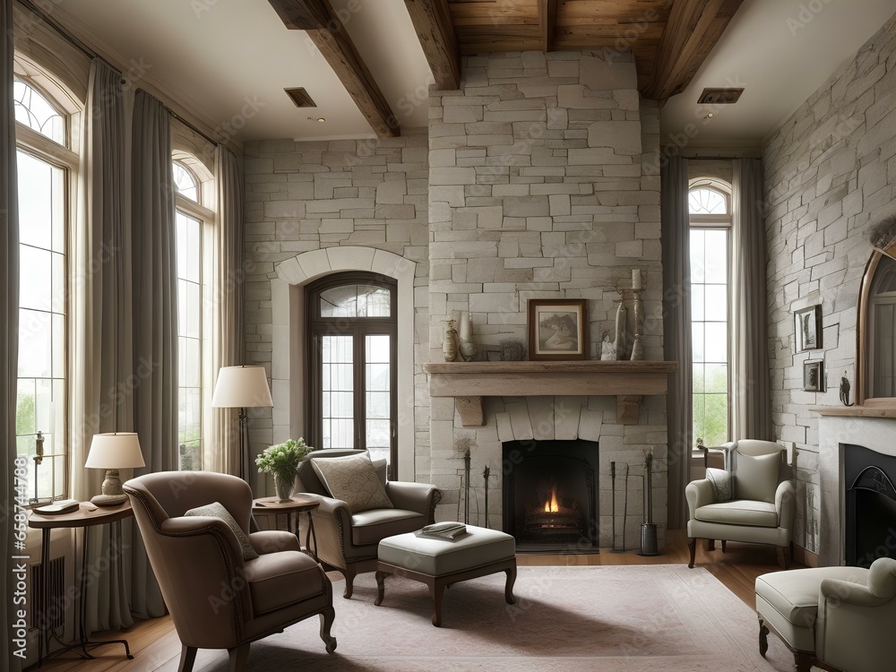 Modern living room with brick fireplace Modern living room with brick fireplace