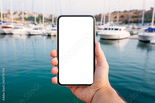 Konstfotografi Businessman holding smartphone with blurred yacht marine background
