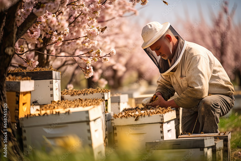 Man beekeeper with bee hives in spring blooming trees . Man beekeeper with bee hives in spring blooming trees .