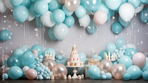 Pastel Balloon and Cake Table for Baby Shower. Elegant baby shower table setting with pastel blue balloons and tiered cake.