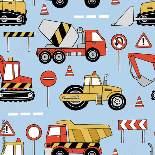 Hand drawn construction trucks and bulldozers seamless vector pattern. Perfect for textile, wallpaper or nursery print design.
