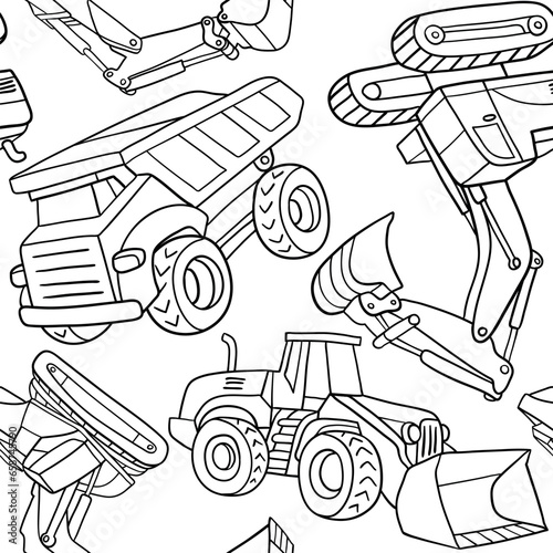 Hand drawn construction trucks and bulldozers seamless vector pattern. Perfect for textile, wallpaper or nursery print design.

