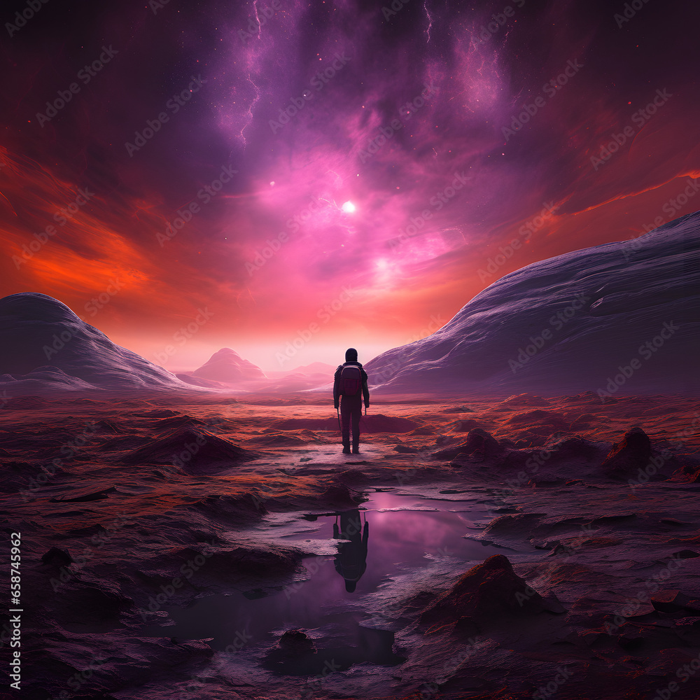 Sci-Fi art image of a lone astronaut standing on a desolate alien planet
