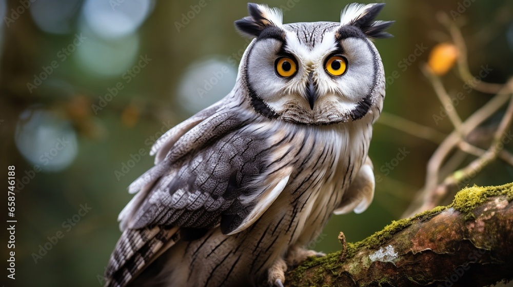 Obraz premium A long-eared owl with bright orange eyes perches on a mossy branch in the forest.