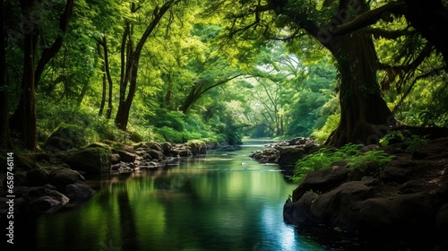 The beautiful and quiet serene of a hidden pond deep in the lush green forest 