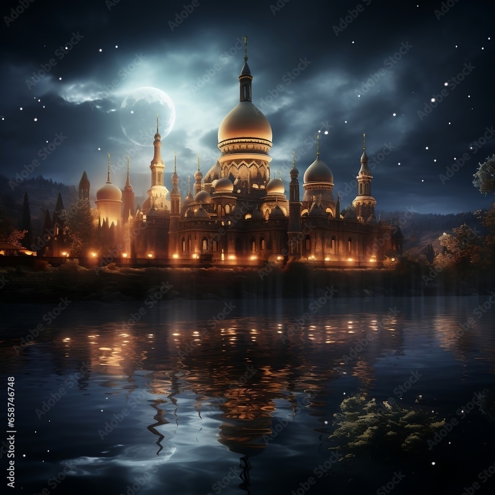 Obraz premium A mosque with moon at night, at the bottom view
