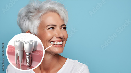 Portrait of a beautiful smiling senior woman with gray hair and white perfect teeth isolated on a blue studio background with copy space. Dental care. Dental prosthetics. Dentistry concept.