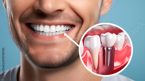Cropped male smile with perfect white teeth and macro magnification of a collage of an implanted tooth in the gum on a blue background with copy space. Dentistry concept and dental implantation.