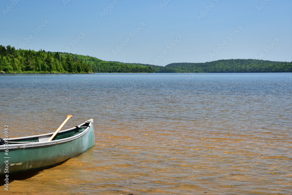 Green canoe with paddle ready for adventure on a fresh water lake. Copy space. Sunny day perfect for canoe paddling