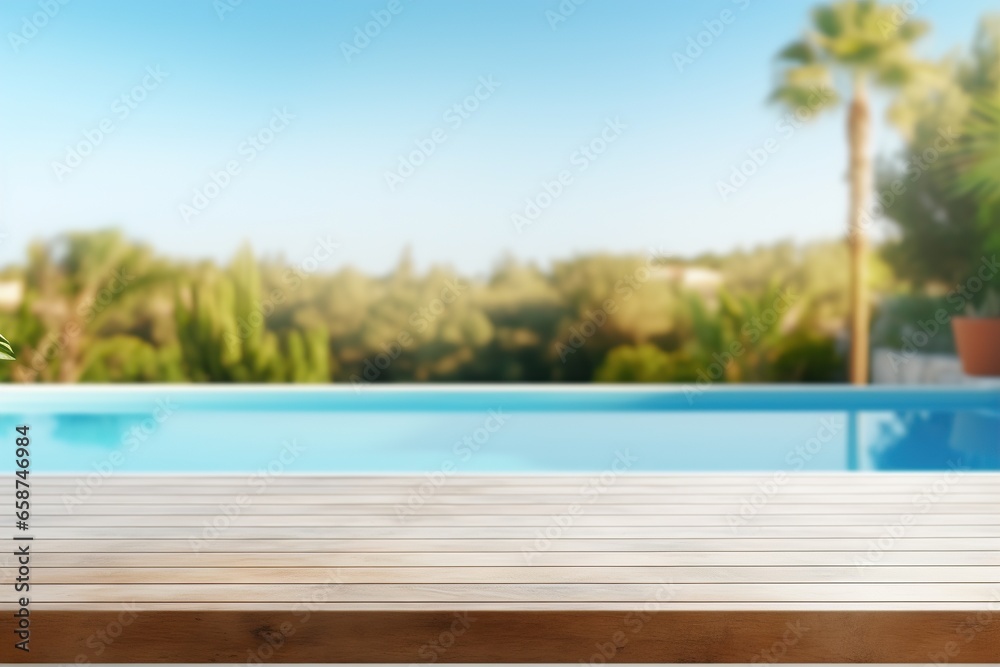 Empty wooden table top and blurred outdoor pool, spa on the background. Copy space for your object, product presentation. Display, promotion, advertising. Holiday, vacation, relax mood.