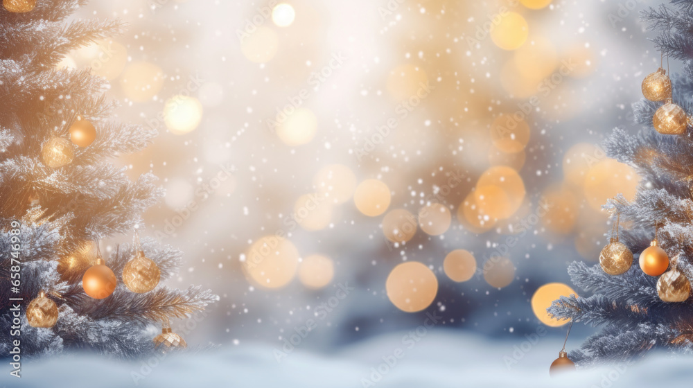 Naklejka premium Xmas tree or christmas tree decorated festive christmas background. New year Winter background design, Christmas scene. Generative AI