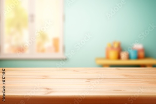 Empty wooden table top and blurred kids room interior on the background. Front view. Copy space for your object, product, toy presentation.