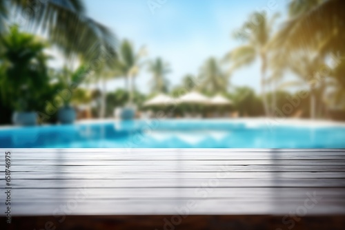 Empty wooden table top and blurred outdoor pool, spa on the background. Copy space for your object, product presentation. Display, promotion, advertising. Holiday, vacation, relax mood.