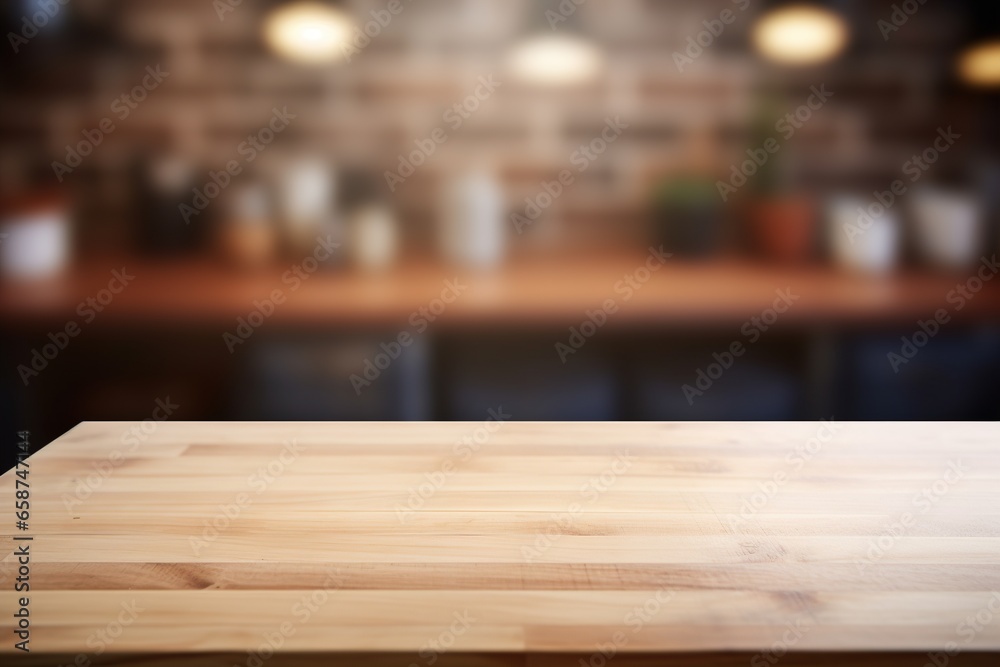 Empty wooden table top and blurred kitchen interior on the background. Copy space for your object, product, food presentation.