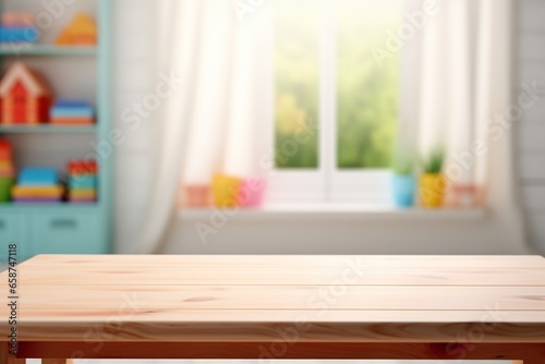 Empty wooden table top and blurred kids room interior on the background. Front view. Copy space for your object, product, toy presentation.