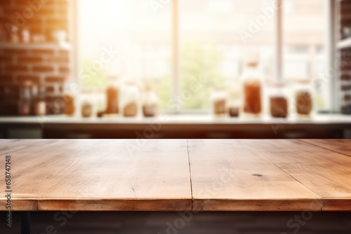 Empty wooden table top and blurred kitchen interior on the background. Copy space for your object, product, food presentation.