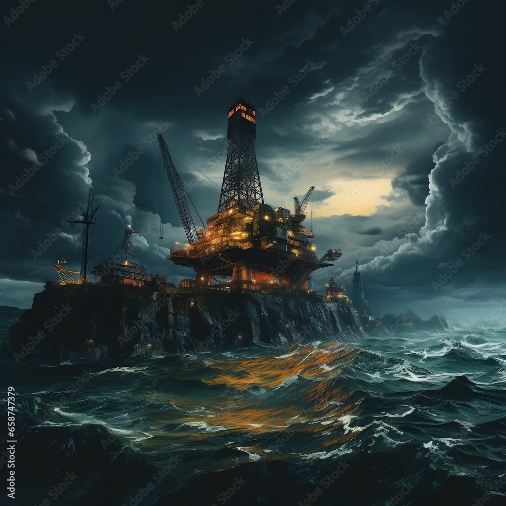 A oil rig surrounded by dark clouds