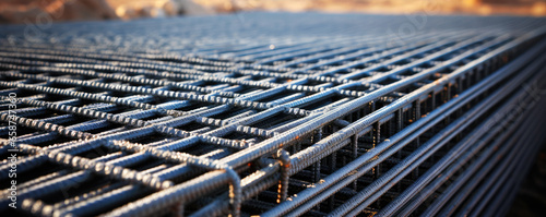 steel rebar mesh for reinforced concrete. hard connect construction material. rebars are bonded with steel wires. photo