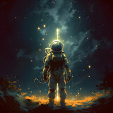 Lone astronaut drifts through the vastness of space, illuminated by the eerie glow of distant stars. Sci-Fi