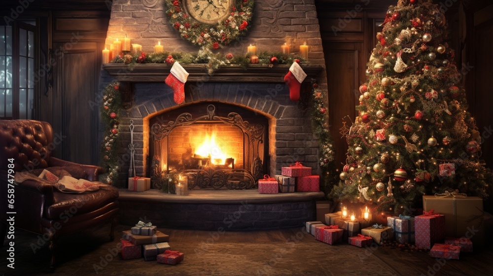 A Photograph capturing the enchantment of a cozy Christmas scene, with a warmly lit tree, crackling fireplace, and presents