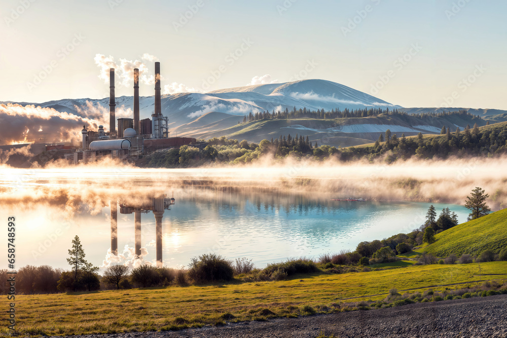 A tranquil oasis: geothermal power plant and the calm water's edge
