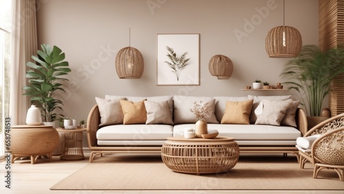Mock-up frame in home interior background, white room with natural wooden furniture, Scandi-Boho style, 3D render photo