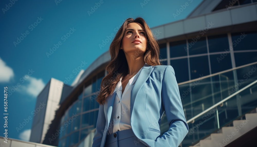 A woman in front of an office building. A woman in front of an office building.