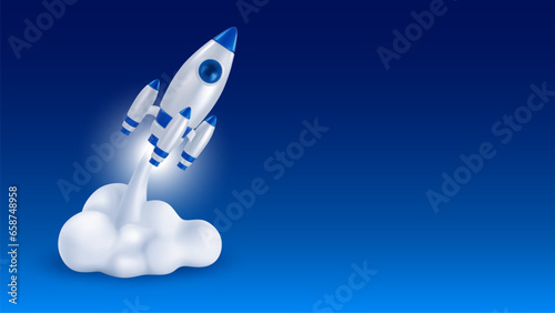 3d realistic Rocket or spaceship launch with white smoke on blue background. Start up, launch new project, business challenge or achievement concept. Vector illustration