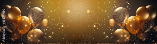 Celebration, grand opening, birthday party, Grand sales, black Friday banner with gold confetti and balloons.