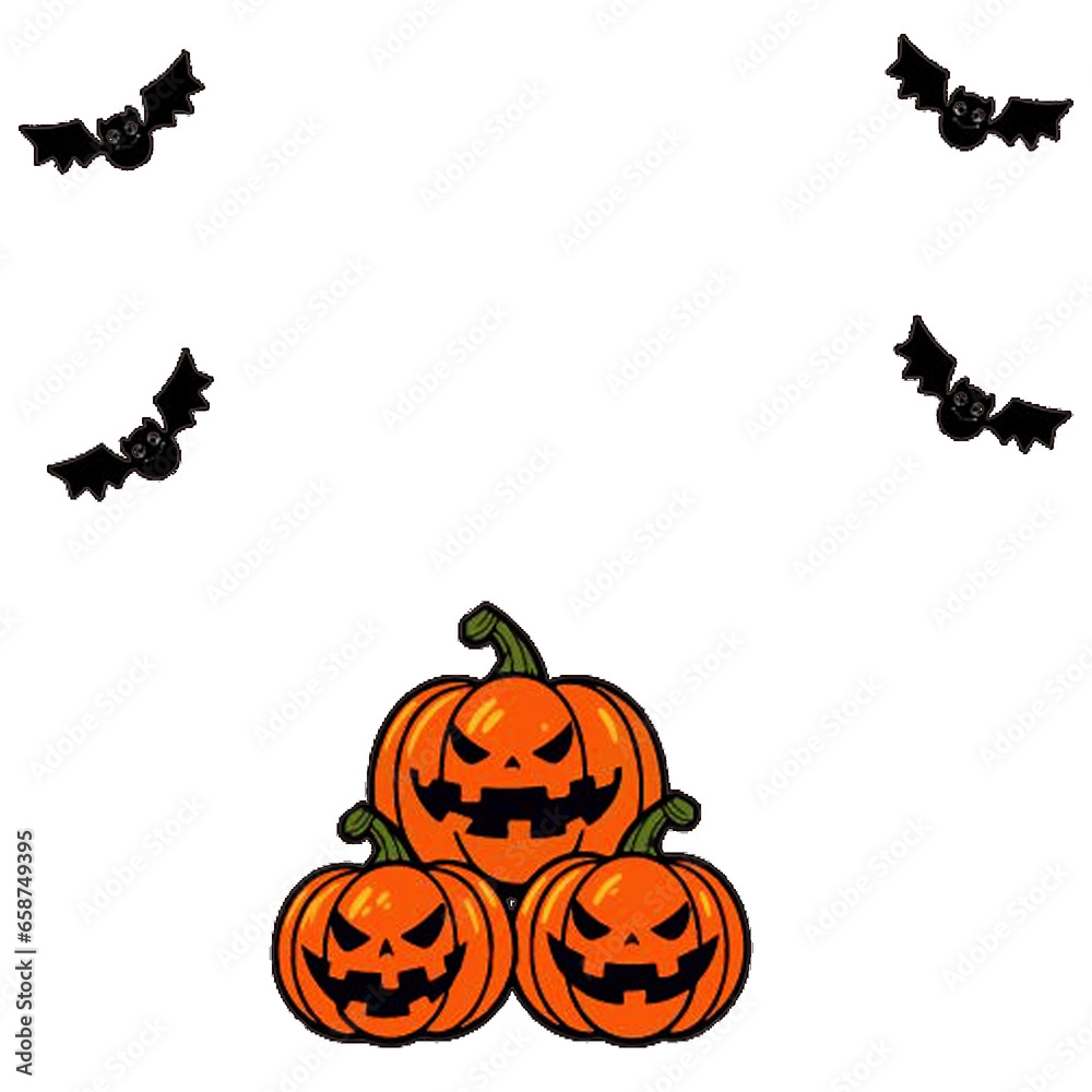 Halloween party background with scary pumpkin face , bats, isolated on png .