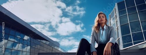 A young woman is sitting on the steps in a business suit with a modern office building in the background. Copy space.