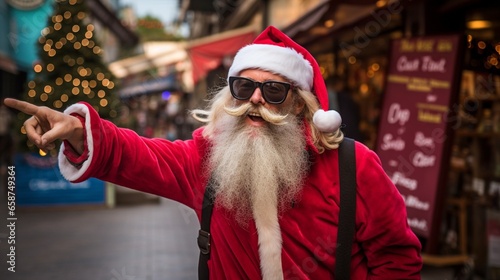 A Photograph of a mischievous Santa Claus, wearing stylish glasses, confidently posing with hilarious tourist signs amidst a whimsical December surprise © Abdul