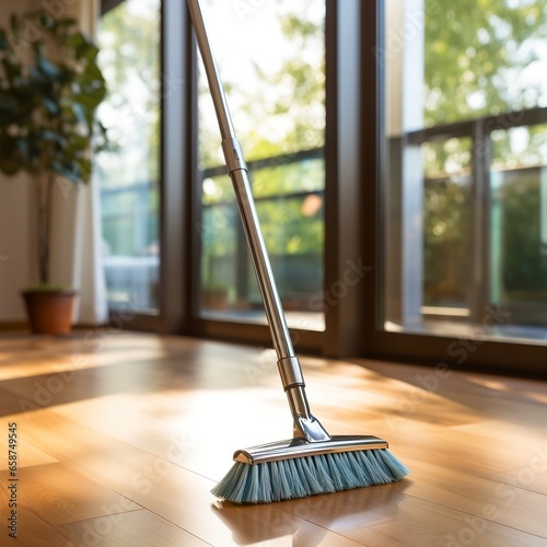 A mop on a wooden floor and an unlit bedroom