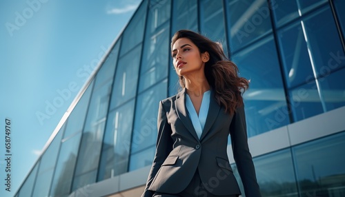 A young woman stands on the steps in a business suit with a modern office building in the background.