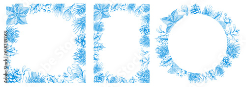 Set of frames for winter holidays, Merry Christmas and Happy New Year greeting cards or banner, with winter plants. Hand drawn, hatching sketch style, isolated on white background. Vector illustration