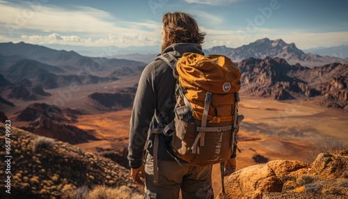 Survivalist hiking by the Desert overlooking. Self-reliance tones photo