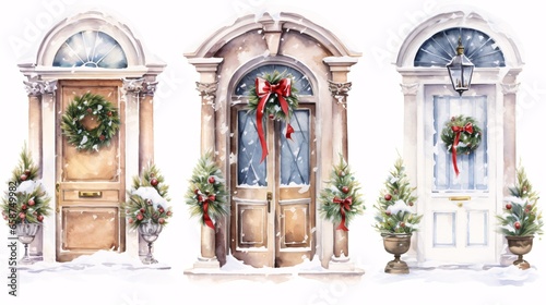Christmas home decoration set  Christmas wreath on the door in winter  art illustration painted with watercolors isolated on white background