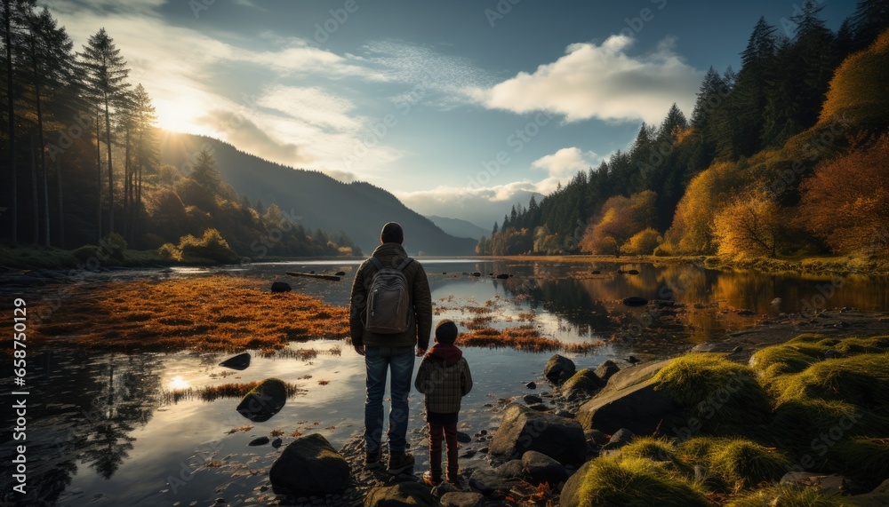 Fototapeta premium Father/son hiking by the Fishing dock overlooking. Bonding tones