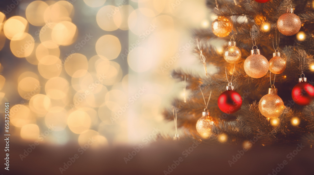 Fototapeta premium decorated Christmas Tree. Xmas tree. With gold and red Baubles And Blurred Shiny Lights