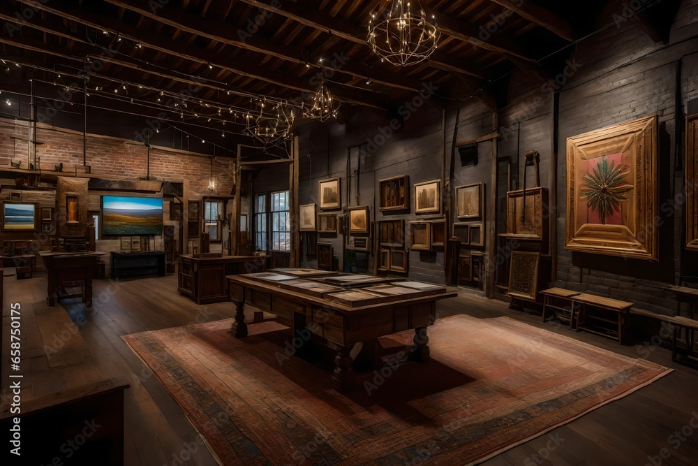 use of natural light and open spaces in a rustic art gallery design to showcase local artists' work.