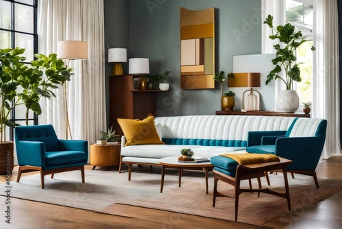 Stick to a classic mid-century color palette. Pair the white sofa and blue leather chairs with warm, earthy tones like mustard yellow, avocado green, and teak wood. © Johnny Sins