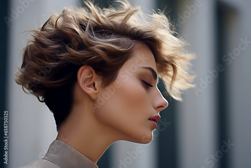 Young female model showing stylish short hairdo side view