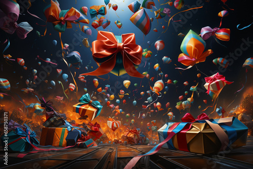 photo of New Year's gifts attached to colorful ribbons, soaring through the air, creating a playful and vibrant scene that embodies the spirit of the season.