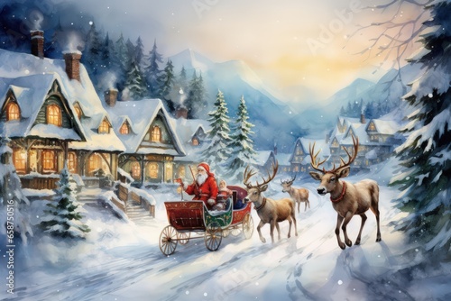 santa on a sledge with reindeer in the town. water color. generative ai