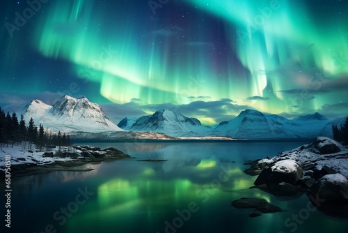 Northern lights in the mountains with reflection in the water. Aurora Borealis. Winter landscape.