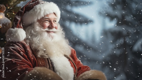 A Photograph of Santa Clause enveloped in a warm and inviting glow, against a serene wintry backdrop, evoking a sense of joy and anticipation © Abdul